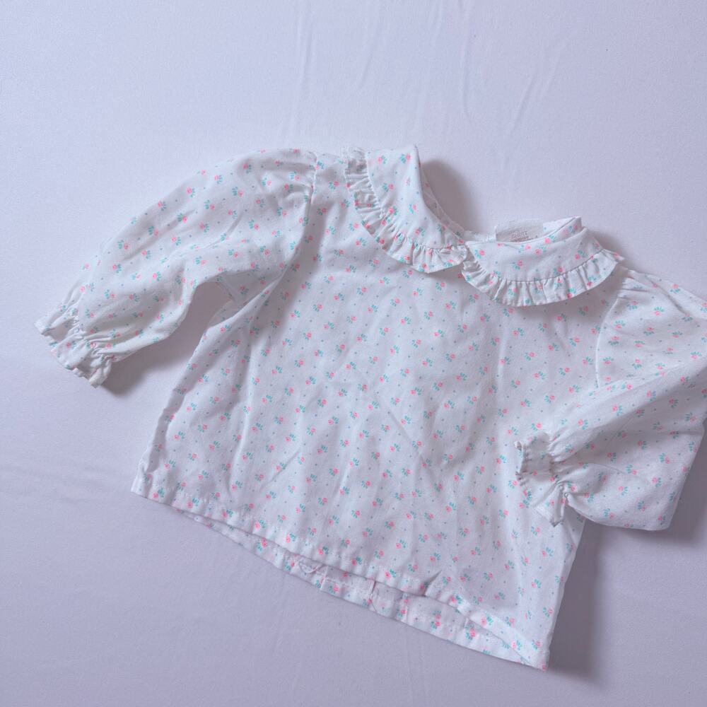 Vintage 80s Ruffle Trim Peter Pan Collar Floral Long Sleeve Blouse Sz 3-6mo